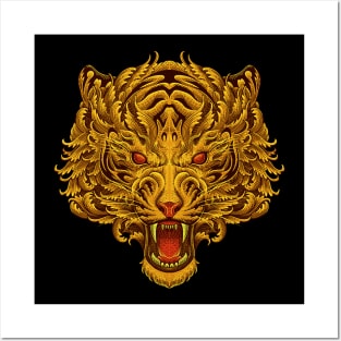 Golden tiger head with floral pattern Posters and Art